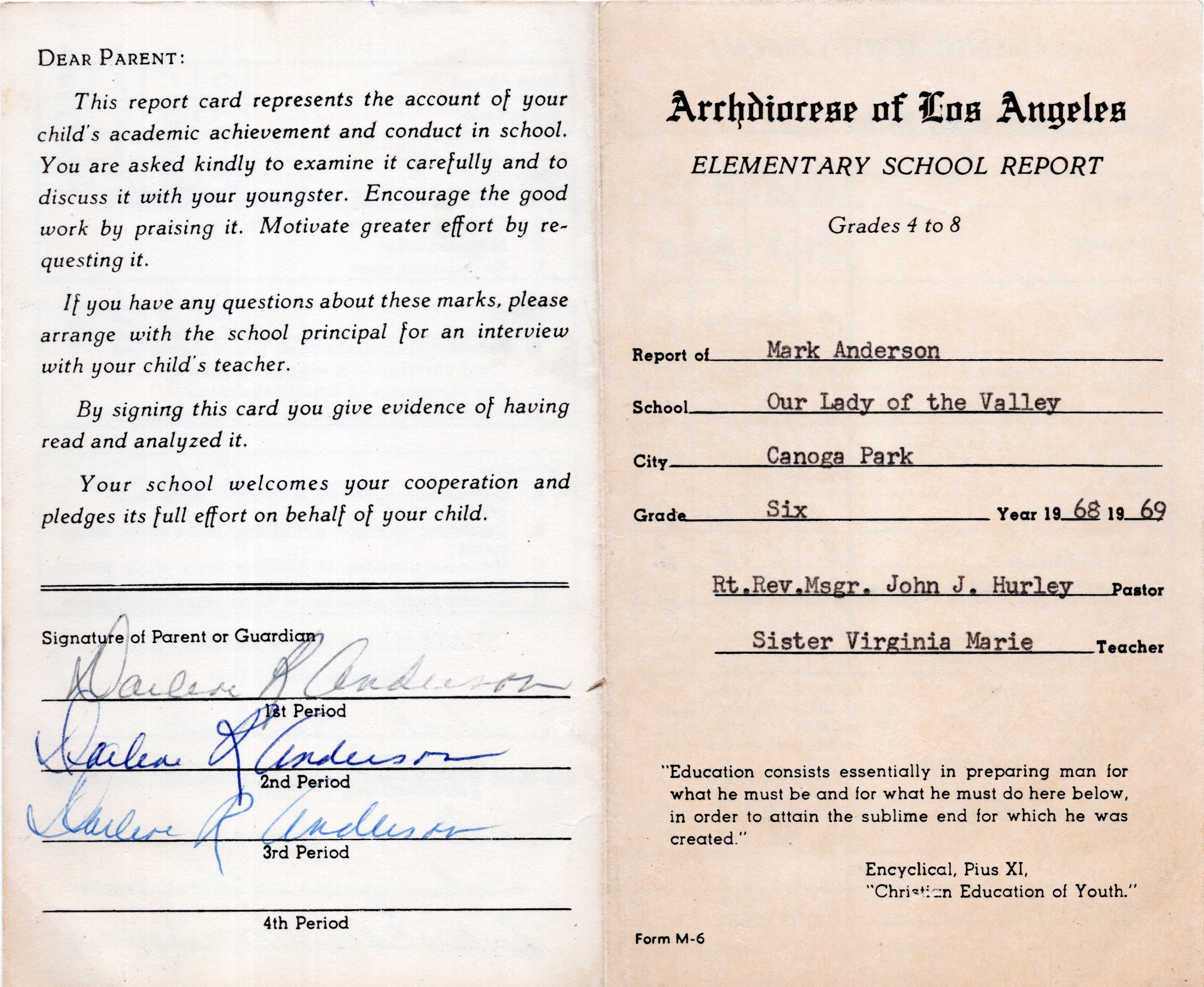 Mark's 6th Grade Report Card 1968