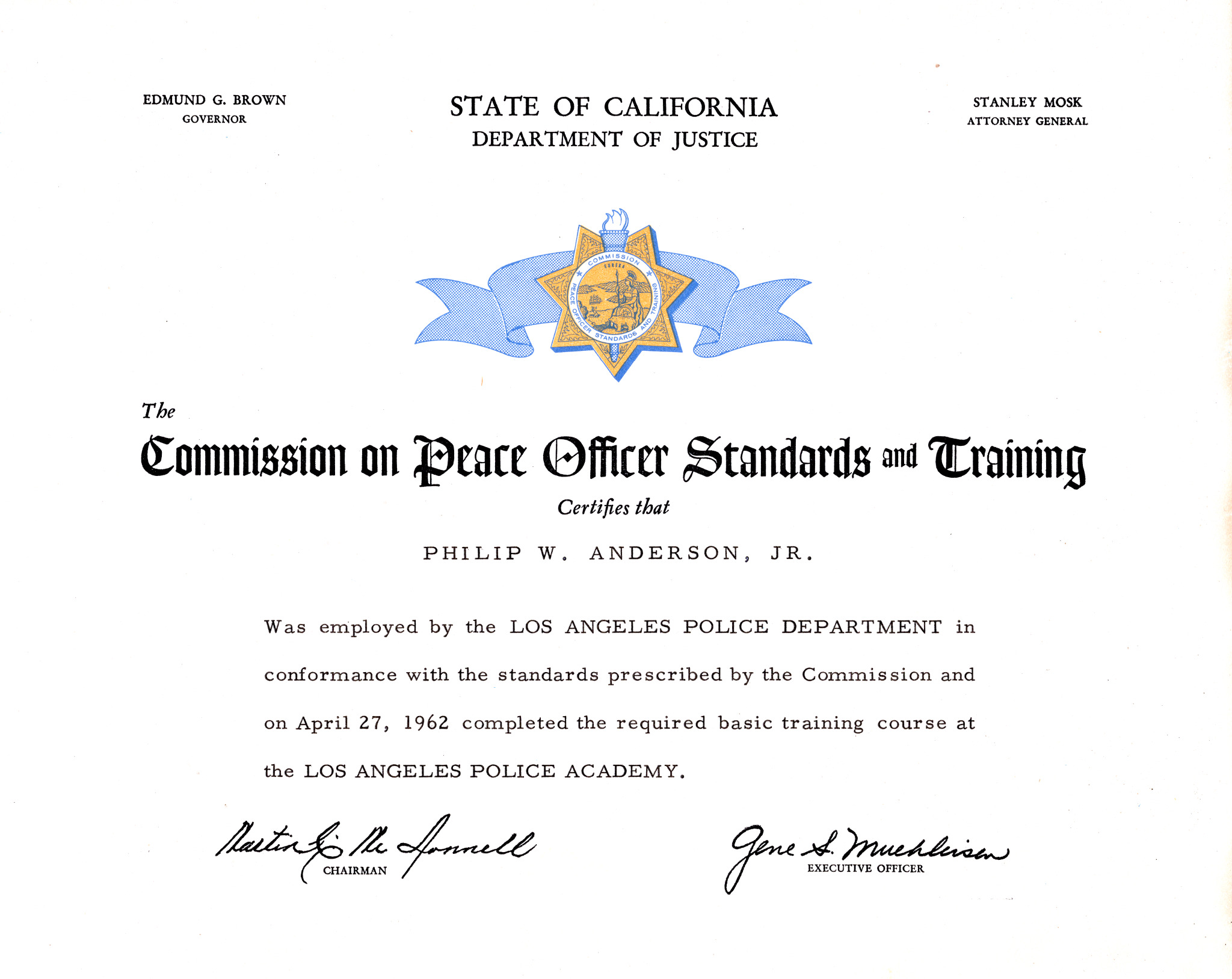 Philip Anderson Peace Officer Certificate